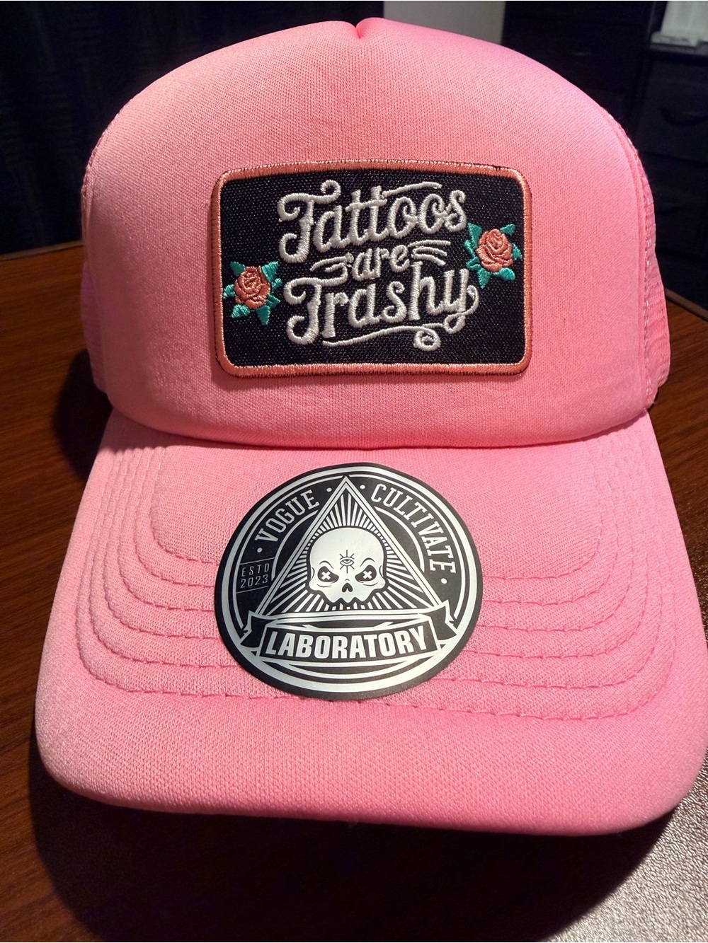 Vogue Pink Trucker Hat with 'Tattoos Are Trashy' Patch